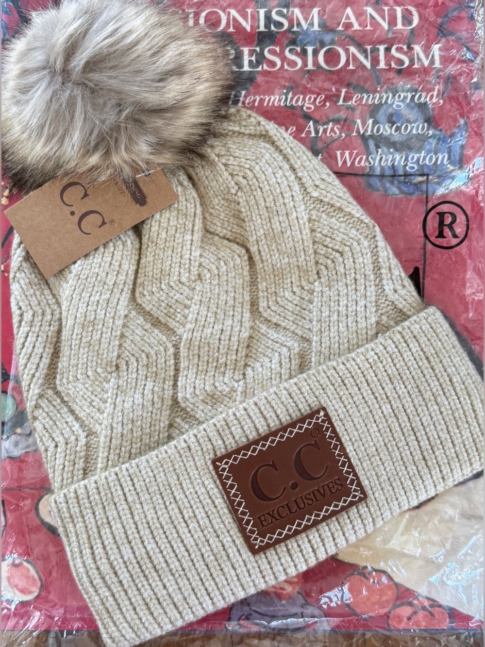 C.C Oatmeal Cable Knit Beanie with Faux Fur Pom and Fleece Lining
